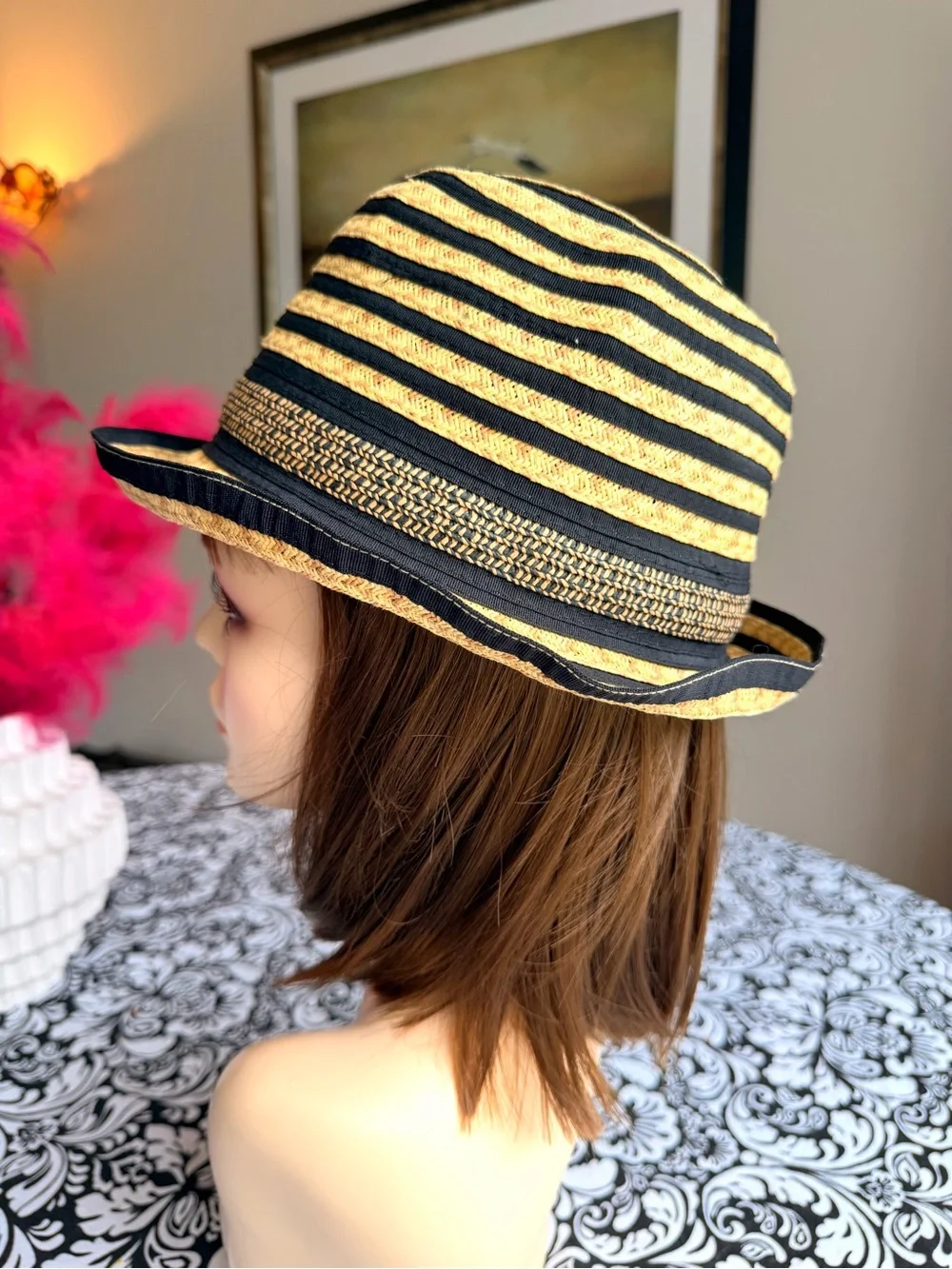 Calvin Klein Black Tan Striped Woven Fedora Hat